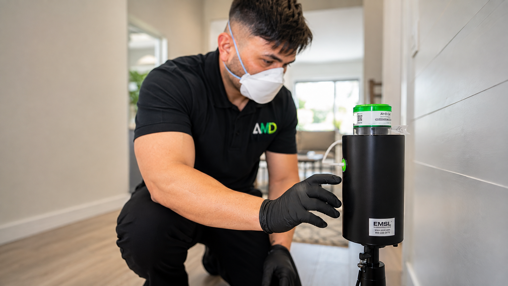 AWD technician setting up an air quality sampling pump in a hallway