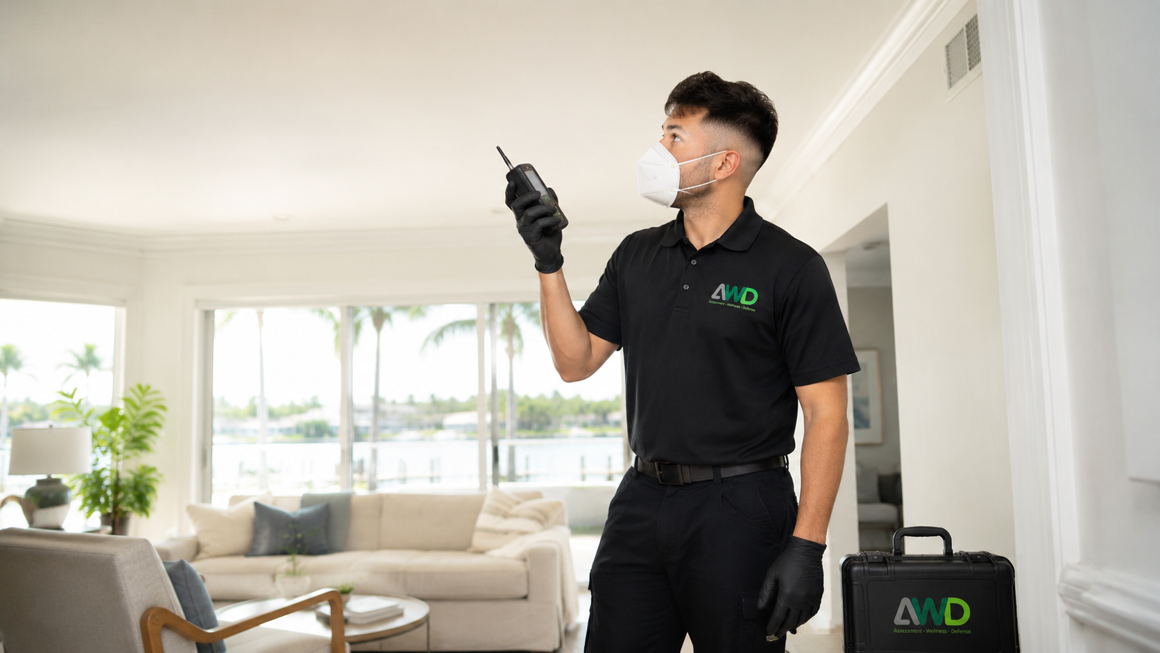 Indoor air quality sampling pump set up in a Florida living room during a mold inspection